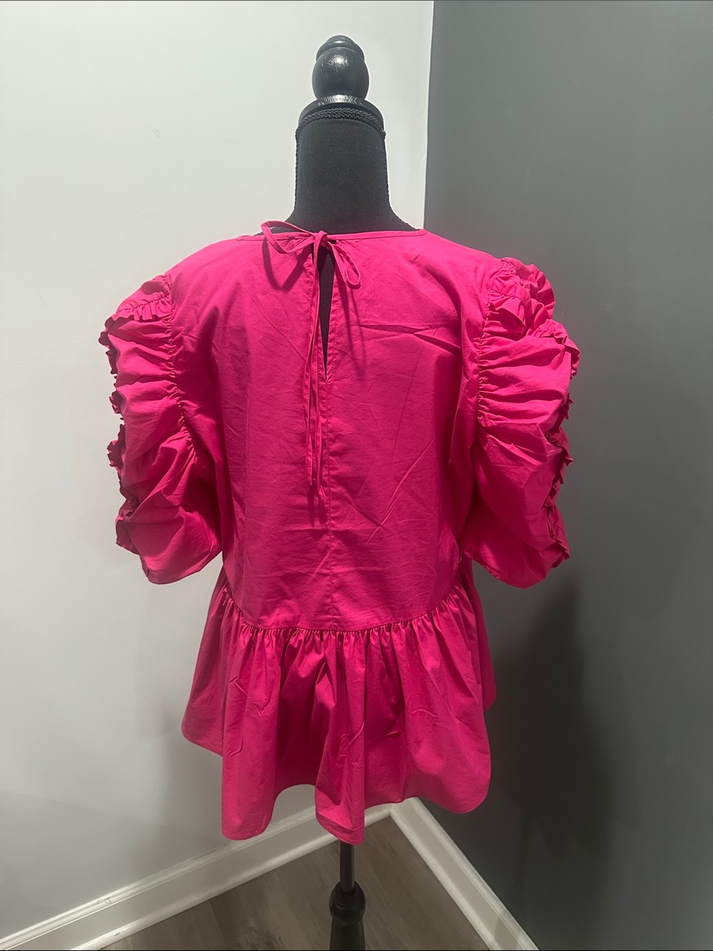 Puff-Sleeve Peplum Blouse in Hot Pink - Picture 3 of 4
